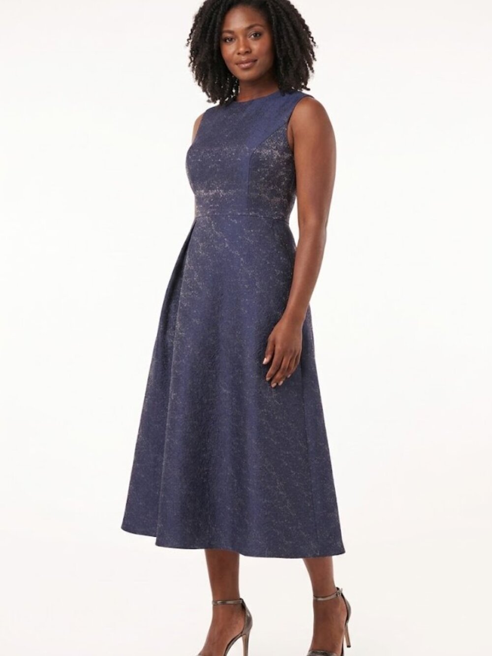 NWT Kay Unger Belinda Midi in Midnight Blue Pleated Jacquard Dress 2 $268